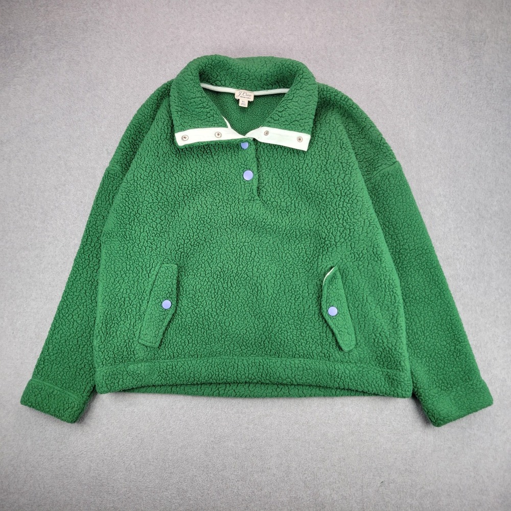 J.Crew Vintage Fleece Pullover Womens XL Green Sherpa Snap Neck Pocket Thick